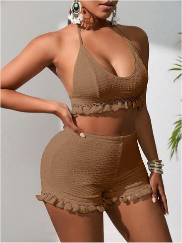 Women's 2 Piece Outfits Tassel Trim Backless Halter Crop Top and Elastic Waist Shorts Sets in Saudi Arabia