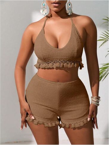 Women's 2 Piece Outfits Tassel Trim Backless Halter Crop Top and Elastic Waist Shorts Sets in Saudi Arabia