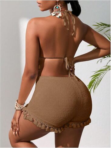 Women's 2 Piece Outfits Tassel Trim Backless Halter Crop Top and Elastic Waist Shorts Sets in Saudi Arabia