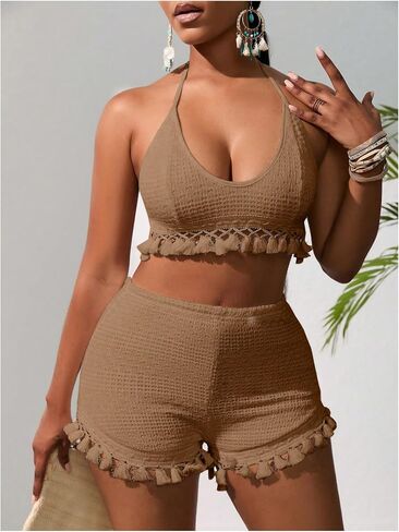 Women's 2 Piece Outfits Tassel Trim Backless Halter Crop Top and Elastic Waist Shorts Sets in Saudi Arabia