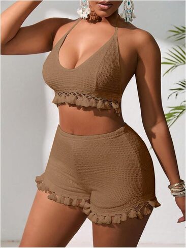 Women's 2 Piece Outfits Tassel Trim Backless Halter Crop Top and Elastic Waist Shorts Sets in Saudi Arabia