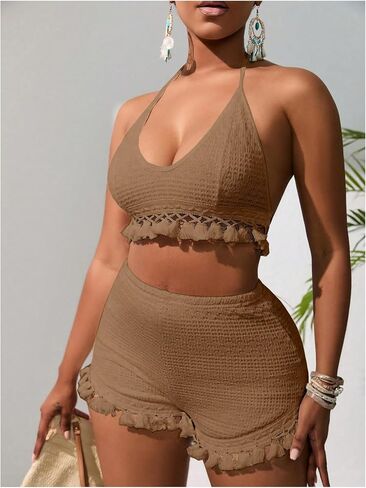 Women's 2 Piece Outfits Tassel Trim Backless Halter Crop Top and Elastic Waist Shorts Sets in Saudi Arabia