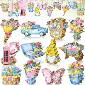 36 Pcs Summer Spring Ornaments for Tree Flower Daisy Wooden Ornaments Retro Spring Hanging Decorations Decorative Spring Wood Cutouts Tags Crafts with String for Tree Home Party Craft Decor (Floral)