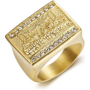 Last Supper Signet Ring for Men Boys,18K Gold Plated Stainless Steel Rectangle Jesus and Disciples Carved Ring Christian Thumb Pinky Ring,Religious Cool Biker Faith Rocker Hip hop Catholic Jewelry