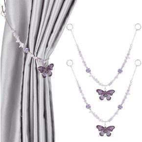 BENECREAT 2Pcs Natural Amethyst Curtain Tiebacks, Curtain Holdback Stone Ropes Curtain Tie Back Hooks with Alloy Enamel Butterfly and Iron Links for Home Office Cafe Balcony, 17.5inch