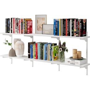 Wallniture Turin 60 inch x8 in Floating Shelves for Wall Decor, Floating Shelf System, Wall Book Shelf for Living Room, Wall Shelves with Adjustable Standard Rail Bracket System, White, Wood