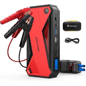 DBPOWER Car Jump Starter 1600A 18000mAh Peak Portable Jump Starter for Car (up to 7.2L Gas/5.5L Diesel Engine) 12V Auto Battery Booster with Smart Jumper Clamps, USB Charge, Compass, LED Light (Red)