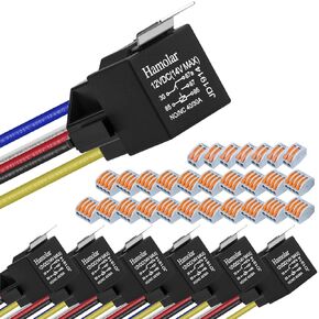 7 Pack 12V 40/30 Amp Car Relay DC 5 Pin SPDT and Harness - Heavy Duty 12 AWG Copper Wires Relays Kit with Lever Wire Connectors Bosch Style for Automotive Truck Van Motorcycle Boat