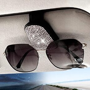 Premium Car Sun Visor Sunglasses Holder, Magnetic Leather Diamond Sunglasses Holder and Ticket Card Clip, Car Sun Visor Accessory for Various Sunglasses（Black）