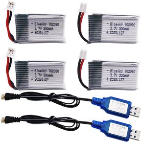 Blomiky 4 Pack 3.7V 1S 300mAh Lipo Battery with Ph2.0 Plug and 2 Charger Cable Suitable for Some Kind of Mini Nano RC Quadcopter Drone / 3.7V 300mAh Ph2.0