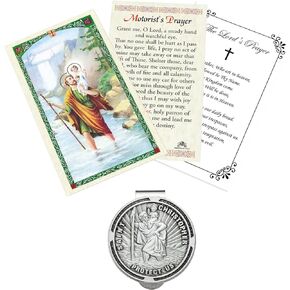 Round St Christopher Visor Clip Medal for Car - Laminated Motorist's Saint Christopher Prayer Card, The Lord's Prayer | Catholic Patron Saint of Travelers, Highway, Road Travel Themed Set, 3 Items