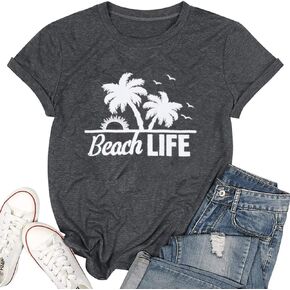 Beach Shirt Women Beach Life Graphic T Shirt Short Sleeve Fun Hawaiian Shirts Coconut Tree Casual Summer Vacation Tees Top ﻿