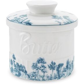 SIELUNO French Butter Crock, Butter Crock For Counter With Water, Water Butter Dish Countertop French Ceramic Butter Dish Keeper-blue and white porcelain-10x10x8cm