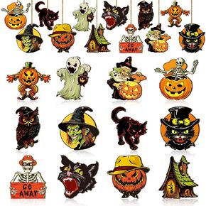 Huwena 36 Pcs Halloween Wood Ornament for Tree Vintage Halloween Ornaments Wooden Halloween Hanging Decorations Pumpkin Witch Black Cat Wood Cutouts with Ropes for Home Party Decor (Witch Hat)