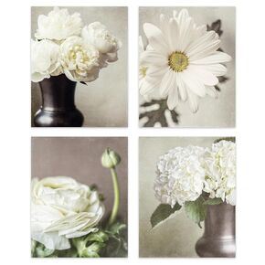 Nature Wall Art - Botanical Flower Wall Decor Pictures - Shabby Chic Style - Set of 4 - Not Framed - Ivory, Tan, Beige (4 SMALL 5x7 Prints Only)