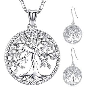 Tree of Life Necklace Earrings Set, S925 Sterling Silver Tree Pendant Jewelry for Women Anniversary Birthday Gifts