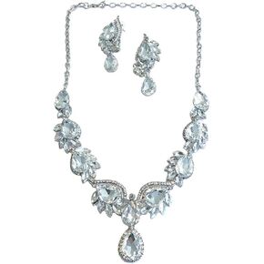 Secret for Longevity Silver Tone Antique Art Deco Vintage Retro Style Flapper Gatsby Rhinestone Statement Wedding Bridal Prom Necklace Earring Set