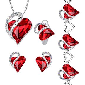 Leafael Infinity Love Heart Necklace, Stud Earrings, Bracelet, and Ring Set, July Birthstone Crystal Jewelry, Silver Tone Gifts for Women, Siam Ruby Red
