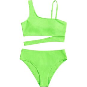 WDIRARA Women's 2 Piece Solid Cut Out Swimwear Set Asymmetrical Neck Bra and High Waist Bikini Swimsuit Sets Bathing Suit