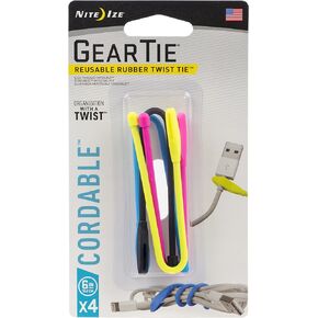 Nite Ize Gear Tie Cordable, The Orginal Reusable Rubber Twist Tie with Stretch-Loop For Cord Management + Storage, 6-Inch, Assorted Colors, 4 Pack, Made in the USA