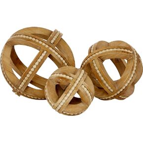 Deco 79 Wood Beaded Orbs & Vase Filler with Overlapping Rings, Set of 3 6", 5", 4" H, Black