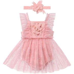 IMEKIS Newborn Baby Girl 1st Birthday Outfit Floral Romper Dress Tulle Cake Smash Photo Shoot