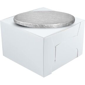 10" Combo Box Set - 10x10x5 1/2 White Cake Box with 10" Silver Round Drum 1/2"