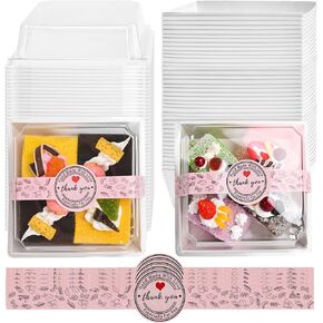 Paper Charcuterie Boxes with Clear Lids and Stickers - 50 SETS 4 Inches Square Disposable Food Containers Bakery Boxes for Bakery, Macaron, Sandwich, Slice Cake, Cookies, Hot Cocoa Bombs, Strawberries (Brown)