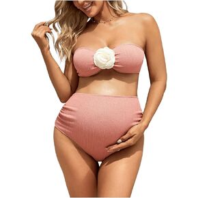 OYOANGLE Women's 2 Piece Bandeau Swimsuit 3D Floral High Waisted Bikini Sets Bathing Suits