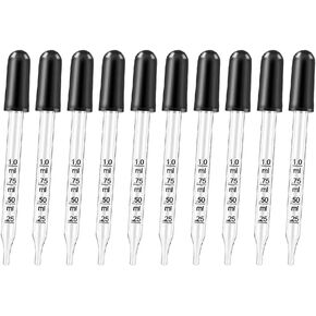 10 Pcs 1ml Straight Tip Droppers Glass Eye Droppers Liquid Measuring Droppers Lab Dropping Pipettes Essential Oil Droppers with Black Rubber Head