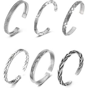6Pcs Men's Cuff Bracelets Silver Cuff Bracelet for Men Vintage Leaves Pattern Twisted Open Cuff Bracelet Jewelry Adjustable