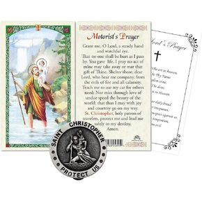 St Christopher Visor Clip Medal for Car, Laminated Motorist's Saint Christopher Prayer Card, The Lord's Prayer | Catholic Patron Saint of Travelers, Highway and Road Travel Themed Set, 3 Items