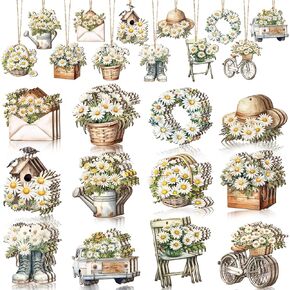 36 Pcs Summer Daisy Ornaments for Tree Spring Tree Ornaments Farmhouse Flower Floral Hanging Decorations Decorative Daisy Wood Cutouts Tags Spring Summer Decor for Tree Home Party Craft Decor