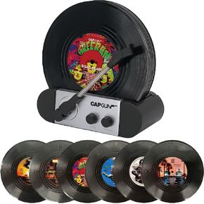 Funny Retro Vinyl Record Coasters, Creative Drink Coasters Set of 6 with Vinyl Record Player Holder for Music Lovers, Housewarming Hostess Gifts, Birthday and White Elephant Gifts Ideas