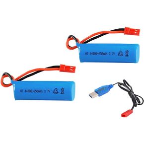 2Pcs 15C 3.7v Lipo Battery 650mAh JST Plug with USB Charging Cable for Huina 1337 1338 RC Construction Trucks 1337 Matching Car Robot Toy Water-Gun Soft-Gun