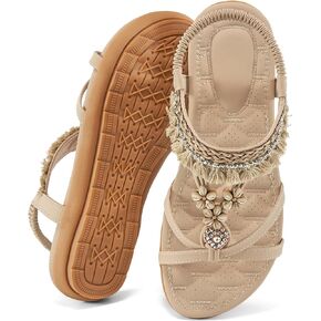 Aomigoct Womens Sandals Flats Shoes: Dressy Summer Flat Sandals for Women Open Toe - Bohemian Casual Beach Shoes Elastic Ankle Strap