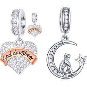I Love You Charms Set fits Pandora DIY Bracelet, Girl Sitting on Crescent Moon Charms and Goddaughter Charms Jewelry Set in 925 Sterling Silver, Best Gifts for Sister/Niece/Girlfriend