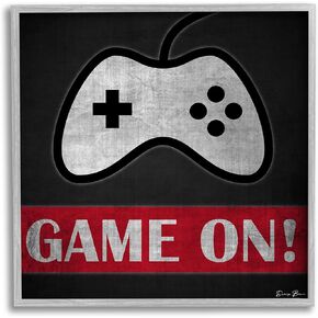 Stupell Industries Game On Bold Gamer Phrase Retro Controller, Designed by Denise Brown Gray Framed Wall Art, 12 x 12, Grey