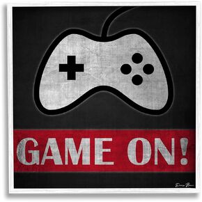 Stupell Industries Game On Bold Gamer Phrase Retro Controller, Designed by Denise Brown White Framed Wall Art, 12 x 12, Grey