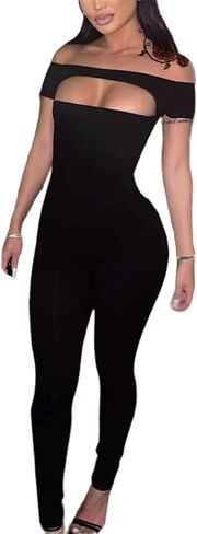 Hilinker Women's Off Shoulder Bodycon Jumpsuits Sexy Short Sleeve One Piece Rompers in Saudi Arabia