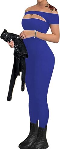 Hilinker Women's Off Shoulder Bodycon Jumpsuits Sexy Short Sleeve One Piece Rompers in Saudi Arabia