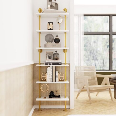 HOMEKAYT Industrial Pipe Shelf Rustic Wood Wall Shelf Ladder Bookshelf Wall Mounted Storage Decor Shelf for Home, Office, Living Room(6-Tier)-Black in Saudi Arabia