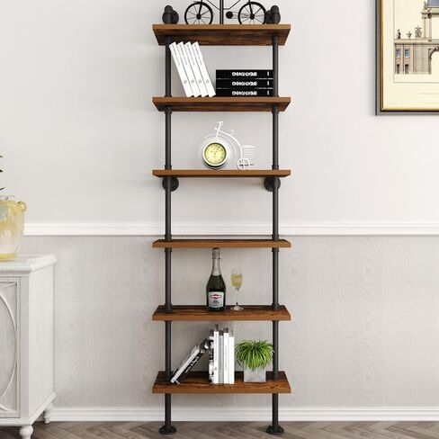 HOMEKAYT Industrial Pipe Shelf Rustic Wood Wall Shelf Ladder Bookshelf Wall Mounted Storage Decor Shelf for Home, Office, Living Room(6-Tier)-Black in Saudi Arabia