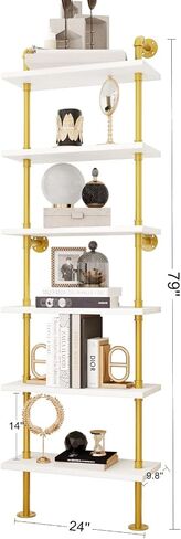 HOMEKAYT Industrial Pipe Shelf Rustic Wood Wall Shelf Ladder Bookshelf Wall Mounted Storage Decor Shelf for Home, Office, Living Room(6-Tier)-Black in Saudi Arabia