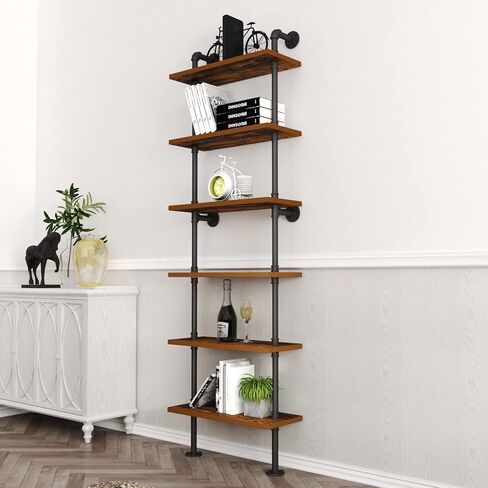 HOMEKAYT Industrial Pipe Shelf Rustic Wood Wall Shelf Ladder Bookshelf Wall Mounted Storage Decor Shelf for Home, Office, Living Room(6-Tier)-Black in Saudi Arabia