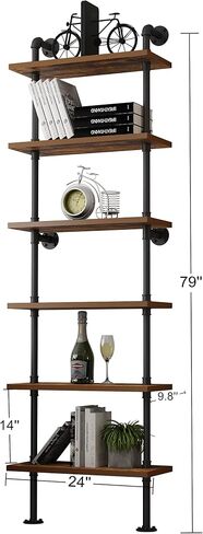 HOMEKAYT Industrial Pipe Shelf Rustic Wood Wall Shelf Ladder Bookshelf Wall Mounted Storage Decor Shelf for Home, Office, Living Room(6-Tier)-Black in Saudi Arabia