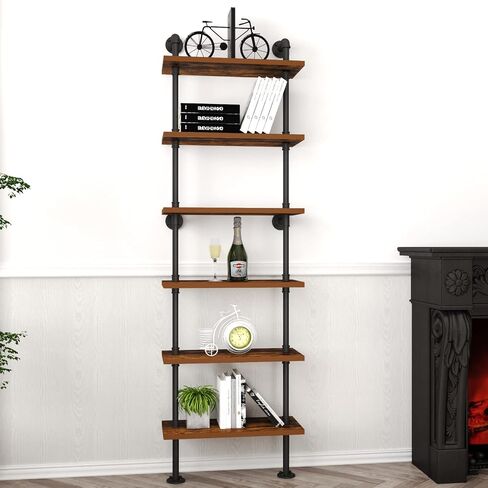 HOMEKAYT Industrial Pipe Shelf Rustic Wood Wall Shelf Ladder Bookshelf Wall Mounted Storage Decor Shelf for Home, Office, Living Room(6-Tier)-Black in Saudi Arabia