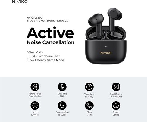 NVK-A8590 Bluetooth 5.3 Wireless Earbuds with Wireless Charging Case Stereo Headphones in Ear Active Noise Canceling IPX5 Waterproof Premium Sound with Deep Bass for Sport Black in Saudi Arabia