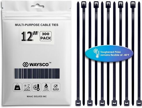 WAYSCO Black Zip Cable Ties 4 inch/0.10 inch (100 pcs) 22 lbs/pounds Tensile Strength Automotive Grade Nylon PA66-40℉ to 257℉ UV Resistant for Outdoor and Indoor in Saudi Arabia