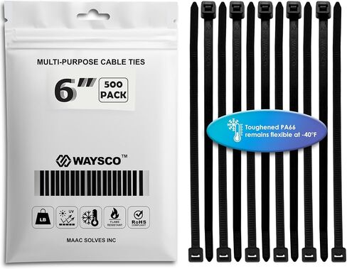 WAYSCO Black Zip Cable Ties 4 inch/0.10 inch (100 pcs) 22 lbs/pounds Tensile Strength Automotive Grade Nylon PA66-40℉ to 257℉ UV Resistant for Outdoor and Indoor in Saudi Arabia